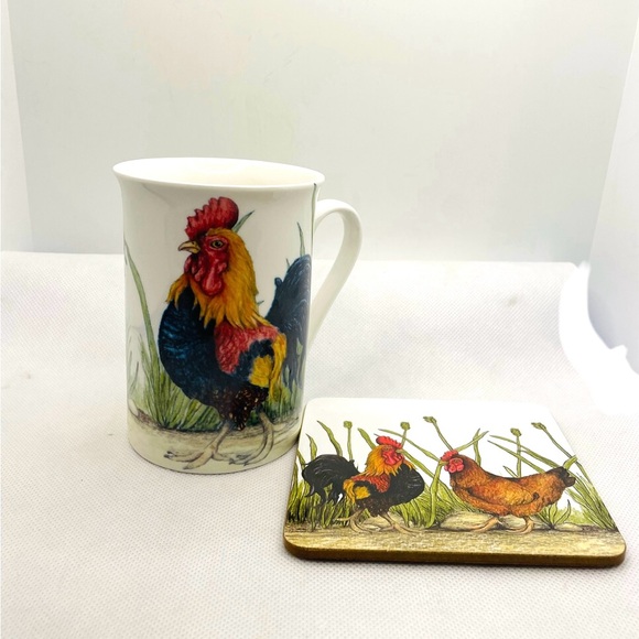 Kent Pottery 10oz Porcelain Chicken Rooster & Hen Coffee Tea Mug With Coaster - Picture 5 of 7